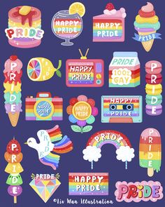 a bunch of different colorful stickers on a purple background with the words happy pride