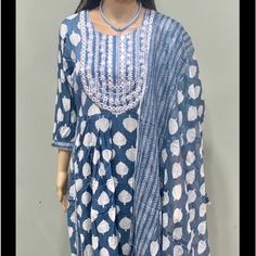 Brand New Xl Salwar Suit Traditional Indian Pakistani Outfit Pants Top And Scarf. White Straight Kurta Set Casual Style, Casual White Straight Kurta Set, White Casual Straight Kurta Set, Printed Punjabi Suits, Festive Blue Cotton Pant Set, Blue Cotton Salwar Kameez For Summer, Casual Cotton Salwar Kameez For Festive Occasions, Casual Cotton Salwar Kameez For Festive Season, Casual Long Sleeve Cotton Salwar Kameez