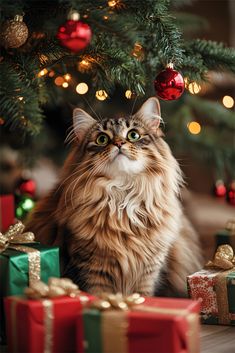 a cat sitting in front of presents under a christmas tree