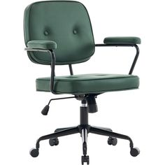 a green office chair with wheels and casteors on an isolated white background, viewed from the front