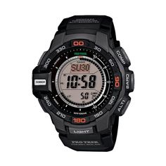 Featuring triple sensor technology, this versatile Casio PRO TREK men's watch delivers altitude, barometric pressure, and compass direction readings and runs on any available light.Watch the product video here. Features Automatic calendar: day & date, Pre-programmed to 2099 5 daily alarms with 1 snooze alarm Hourly chime Bezel: stationary 12/24-hour formats World Time: 31 time zones (48 cities & UTC) Chronograph: elapsed & split time, 1/10-second for up to 999 hours 24-hour countdown Digital Watch With Subdials For Outdoor Activities, Black Outdoor Digital Watch With Tachymeter, Black Digital Watch With Tachymeter For Outdoor, Functional Outdoor Watches With Analog Display, Black Digital Watch With Chronometer For Outdoor, Functional Digital Watch With 10atm Water Resistance For Outdoor, Functional Digital Watch With Round Dial For Outdoor, Functional Outdoor Digital Watch With 10atm Water Resistance, Functional Outdoor Digital Watch With Round Dial