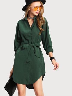 Drop Shoulder Dress, Curved Hem Shirt, Flounce Hem Dress, Three Quarter Sleeve Dresses, Tie Waist Shirt, Green Shirt Dress, Tunic Shirt Dress, Dresses Green, Collared Shirt Dress