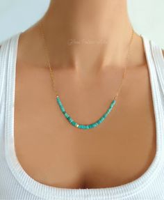 "* D E T A I L S * Dainty Beaded Turquoise Necklace * Made with Genuine Heishi Turquoise 100% Sterling Silver, Gold Fill or Rose Gold Fill Pretty gemstones are attached to a sparkling and dainty chain. Perfect for layering with other necklaces! * Shown on model at 19\" length * Chain is sparkly and dainty and is available in sterling silver, 14k gold fill or rose gold * Measure and choose the right length for you * Necklace closes with a sterling silver or 14k gold fill spring clasp * This neckl Glass Palace, Turquoise Bar Necklace, Turquoise Bar, Genuine Turquoise, Lariat Necklace, Opal Necklace, Bar Necklace, Necklace For Women, Gemstone Necklace