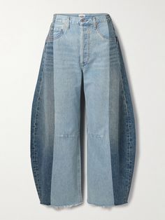 Citizens of Humanity's jeans are aptly named 'Horseshoe' thanks to the voluminous barrel legs that taper at the raw hems. They're 'Pieced' together with panels of tonal-blue denim for a patchwork effect and cut for a loose fit. Style yours with a simple white tee. Sewing Vibes, Custom Levis, Crazy Jeans, Unique Jeans, Jeans Patchwork, Looks Jeans, Flat Dress Shoes, Dress Flats, Citizens Of Humanity Jeans