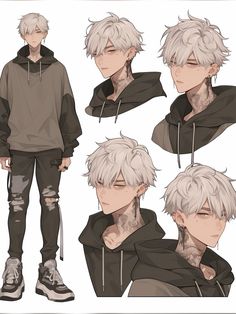 an anime character with white hair and grey pants, wearing black hoodie and ripped jeans