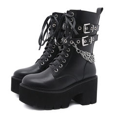 These gothic booties feature in metal chain decoration, lace up, zipper, platform heel and round toe.These women's boot use high quality rubber sole, which has the advantages of slip-resistant and superior abrasion, also improves the safety of the activity Heel measures approximately: 3.14 inches/ 8 cm Vegan Leather Color: Black 90s Fashion Summer, America Fashion, Gothic Boots, Dr Shoes, Chunky Heel Ankle Boots, Black Platform Boots, Estilo Punk, Martin Boots, Black Chain