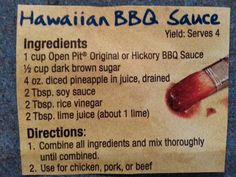 a piece of paper with instructions on how to use hawaiian bbq sauce