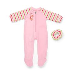 Courtney's™ Strawberry Shortcake™ Pajamas for 18-inch Dolls have pink fleece zip-up feet, raglan sleeves, and come with a matching striped fabric scrunchie. Playful Pink Onesie For Sleep, Playful Pink Onesie For Pajama Party, Playful Pink Onesie For Playwear, Pink Cotton Onesie For Pajama Party, Pink Bedtime Sets, Pink Playful Sleepwear Sets, Playful Pink Sleepwear For Sleepover, Playful Pink Sleepover Sets, Playful Pink Bedtime Sets