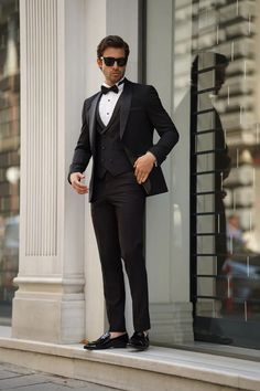 Bojoni Ravenna Slim Fit High Quality Shawl Collar Black Tuxedo Suit | VICLAN Wedding Suits Men Black, Black Tuxedo Suit, Black Tie Attire, Wedding Tux, Black Suit Wedding, Costume Noir, Groom Tuxedo, Wedding Suits Groom, Tuxedo Wedding