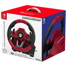 a red and black steering wheel for the nintendo mario kart racing game console box