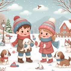 a boy and girl are standing in the snow with their puppies while they play