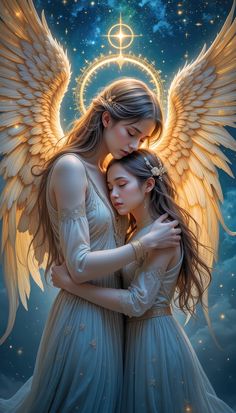 two girls hugging each other with angel wings