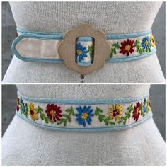 Vintage floral embroidery belt, 80s beige and baby blue fabric  belt, multicolor flowers, wooden alike flower buckle, cottagecore fashion Introducing a charming vintage treasure, behold the Vintage floral embroidery belt. This 80s beige and baby blue fabric belt is a true embodiment of delicate beauty and cottagecore fashion. Crafted with intricate floral embroidery, this belt showcases a mesmerizing array of multicoloured flowers that add a whimsical touch to any ensemble. The beige color base of the belt provides a neutral backdrop, while the baby blue edge adds a subtle pop of color, enhancing its visual appeal. The wooden-like flower buckle serves as a captivating centrepiece, exuding rustic charm and cottagecore aesthetics. Although it mimics the appearance of wood, it is crafted with Vintage Adjustable Belts For Spring, Summer Vintage Adjustable Belts, Vintage Adjustable Belts For Summer, Colorful Cottagecore, Baby Blue Fabric, Vintage Floral Embroidery, Embroidery Belt, Multicolor Flowers, Neutral Backdrop