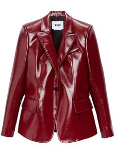 red coated finish notched lapels front button fastening long sleeves buttoned cuffs chest welt pocket two front flap pockets straight hem Patent Leather Jacket, Herno Jacket, Yoko London, Italian Outfits, Red Coat, Single Breasted Jacket, Leather Blazer, Yoga Wear, Outerwear Women