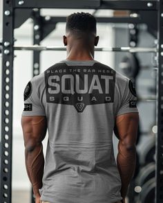 094- Squat Squad Rubber Back Design Gym Shirt for men Black Sports T-shirt With Back Print, Black Sports Top With Back Print, Urban Crew Neck T-shirt For Gym, Urban Style Crew Neck Gym T-shirt, Urban Style Crew Neck T-shirt For Gym, Urban Short Sleeve Gym Tops, Graphic Tee Sports Top With Back Print, Urban Black T-shirt For Workout, Black Pre-shrunk Workout Shirt