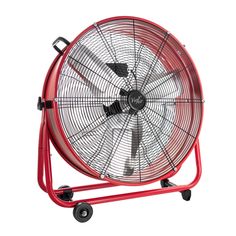 a red fan sitting on top of a metal stand