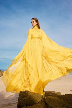 Vanessa Gathered Batwing Sleeved Silk Floor Length Dress - MEAN BLVD Silk Floor Length Dress, Yellow Flowy Dress, Flowy Long Sleeve Dress, Bridesmaids Spring, Crop Top Camisole, Cape Sleeve Dress, High Collar Dress, Dress With Cape, Silk Evening Dress