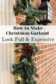 Christmas Garland with eucalyptus and pine cones Prelit Garland Around Front Door, Garage Door Christmas Garland, Elegant Christmas Garland Ideas, Garland On Garage Door, Garland Around Front Door Christmas, Christmas Garland Garage Door, Xmas Garland Around Front Door, Garland With Hanging Ornaments, Christmas Garland Over Front Door