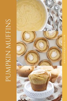 pumpkin muffins on a white plate next to a cup of coffee and spoon