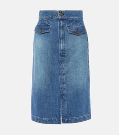 High-rise denim midi skirt in blue - Frame | Mytheresa Mid-rise Cotton Denim Skirt With Button Closure, Knee-length Denim Skirt With Pockets, Denim Blue Midi Skirt With Pockets, Mid-rise Denim Skirt With Pockets For Work, Denim Midi Skirt With Pockets, Midi Denim Skirt With Pockets, Dark Wash Mid-rise Denim Skirt With Pockets, Mid-rise Dark Wash Denim Skirt With Pockets, High Rise Cotton Denim Skirt With Button Zip