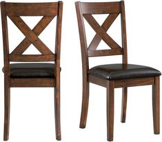 two wooden chairs side by side with black leather seat covers on them and one has a cross back design