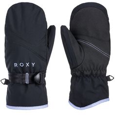 a pair of black gloves with the word roxy written on it