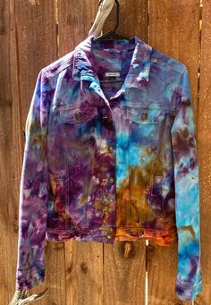 Ice Tie Dyed Purples, Turquoise, Orange Denim Jacket Woman's size M. Eyecatching! recycled! Multicolor Bohemian Cotton Denim Jacket, Multicolor Bohemian Denim Jacket, Multicolor Denim Jacket With Pockets For Fall, Bohemian Multicolor Long Sleeve Denim Jacket, Multicolor Denim Jacket For Festivals, Multicolor Cotton Denim Jacket With Pockets, Festival Multicolor Denim Jacket, Multicolor Cotton Denim Jacket, Blue Cotton Hippie Denim Jacket