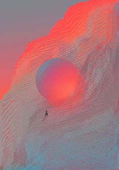 a man standing on top of a snow covered mountain under a red and blue sky