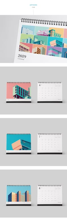 three calendars with different buildings on them