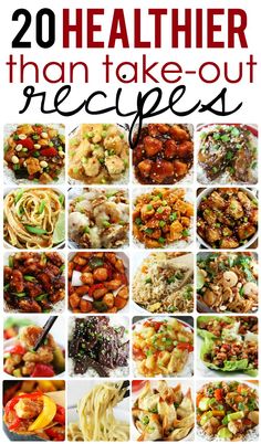 the cover of 20 healthier than take out recipes, with pictures of different foods