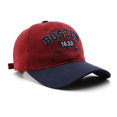 the boston baseball cap is red and blue with an embroidered boston logo on the front