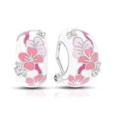 Inspired by the beautiful cherry blossoms of Japan, the Sakura Collection features its namesake flower in a calming and elegant still-life scene. Feminine and classic, the Sakura Collection will delight lovers of art and nature. Description: Hand-painted multicolored enamel with pave-set stones set into rhodium-plated, nickel allergy-free, 925 sterling silver.VE-16007-01 VE-16007-02 Dimensions: 10mm width by 18mm height Hand Painted Jewelry As Spring Gift, Hand Painted Jewelry For Spring Gift, Elegant Pink Enamel Earrings, Elegant Floral Print Earrings, Artistic Pink Flower Jewelry, White Hand-painted Flower-shaped Jewelry, White Hand Painted Flower Jewelry, Hand Painted White Flower Jewelry, White Formal Jewelry For Spring