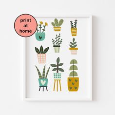 a white framed print with potted plants on it