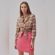 The Fifth Label Grid Check Shirt Sage With Pink Button Down Shirt Tie At Waist Long Sleeve New With Tags Pink Collared Shirt For Daywear, Casual Pink Tops For Work, Pink Collared Shirt With Buttons, Chic Pink Tops With Button Closure, Chic Pink Cotton Shirt, Chic Pink Top With Button Closure, Pink Collared Shirt For Fall, Pink Button-up Shirt For Daywear, Chic Pink Collared Shirt