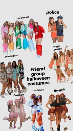 a group of girls dressed up in halloween costumes with the caption friend group halloween costumes