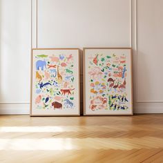 two framed pictures on the wall in an empty room with hard wood flooring and white walls