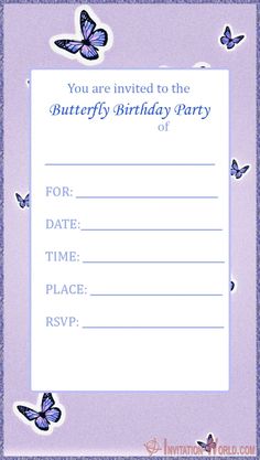 a purple butterfly birthday party card with butterflies on the front and blue border around it