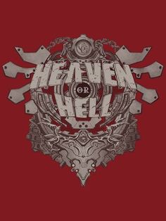 a red background with the words heaven on it and an ornate design in white letters