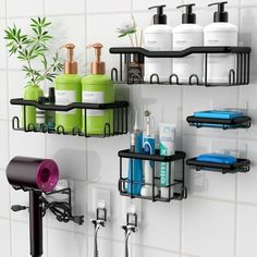 the bathroom shelves are organized with soaps, shampoos and other hygiene products