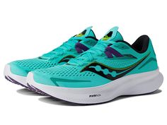 Saucony Ride 15 - Women's Shoes : Cool Mint/Acid : Take your run to new heights wearing the Saucony Ride 15 that's built with softer cushioning and a pillowy sockliner. Man-made material upper and lining. PWRRUN+ midsole is lightweight and responsive for soft cushioning throughout your run. Sauncony Super Lite EVA midsole maximizes rebound and durability while minimizing weight. FORMFIT design addresses every point of contact with your foot, going well beyond lacing to ensure a personalized fit Shoes Cool, Nice Shoes, Women's Shoes, Sneakers Nike, Shoes Sneakers, Mint, Women Shoes, Running, Nails