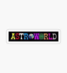 the word astroworld written in multicolored letters on a black background sticker