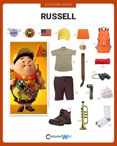 The best costume guide to look like Russell, the 9-year old Wilderness Explorer that help Carl Fredricksen in the Disney Pixar movie Up. Disfraz Up, Pixar Halloween Costumes, Russell Up Costume, Pixar Costume, Russel Up, Explorer Costume, Carl Fredricksen, Up Halloween Costumes, Wilderness Explorer