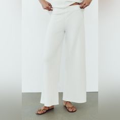 Zara - Wide Leg Soft Piqu Pants - White Wide-leg Spring Pants, White Wide-leg Pants For Spring, White Stretch Straight Bottoms, Zara Straight Leg Sweatpants For Spring, Zara Straight Sweatpants For Summer, Zara High-waisted Wide Leg Pants For Loungewear, Zara Straight Loungewear Pants, Versatile White Bottoms With Elastic Waistband, White Straight Leg Loungewear Bottoms