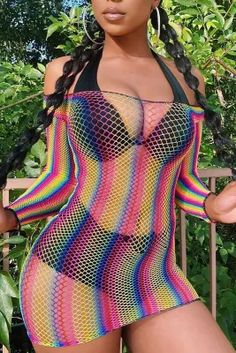 Pink Fashion Sexy Print Hollowed Out See-through Mesh Beach Smock Fishnet Dress, Swim Cover Up Dress, Rainbow Fashion, Long Sleeve Swimsuit, Swim Cover, Swimsuit Cover Ups, Womens Loungewear, Cover Up Dress, Swimsuit Cover