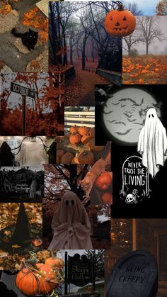 a collage of halloween images with pumpkins, ghost and cemetery signs in the background