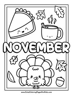 november coloring page with a turkey and cup of coffee in the center, surrounded by autumn leaves