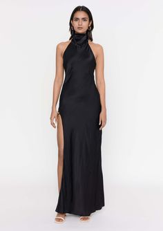 Deme By Gabriella-Black Satin Gown-INDIASPOPUP.COM Halter Black Dress Long, Black Silk Halter Dress, Black Halter Neck Prom Dress, Black Satin Halter Neck Dress, Black High Neck Bridesmaid Dress, Halter Neck Dress Formal, High Neck Satin Dress, Halter Neck Satin Dress, Black Halterneck Dress