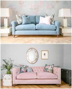 two pictures of a living room with blue couches and pink sofa, one in front of the other