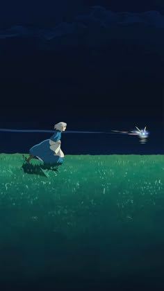 an animated image of two people in the grass at night