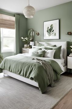 Embrace modern minimalism with a white and sage green bedroom. Find inspiration to keep your space clean and sophisticated. Perfect for a fresh, airy vibe in your home. #MinimalistDesign #ModernBedroom #SageGreen #WhiteBedroom 🖼️🌿✨ Sage Green Bedroom White Furniture, White Green Bedroom Ideas, Sea Green Bedroom Ideas, Beige And Sage Bedroom, Bedroom Ideas Green And White, White And Green Room, Sage And White Bedroom, Sage Green Paints, White And Sage Green Bedroom